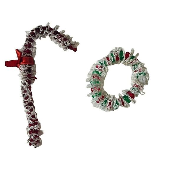 Beaded Lot 5 Handmade Christmas Ornaments Angels Santa Candy Cane Wreath Retro - Picture 9 of 15